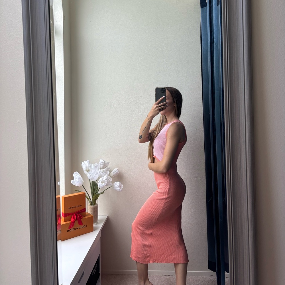 Pink and Coral Sleeveless Midi Dress